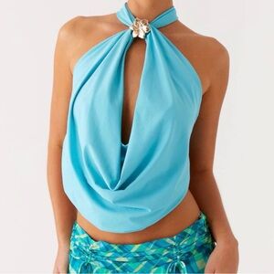 Peppermayo Aqua Blue Draped Halter Top with Gold Accent